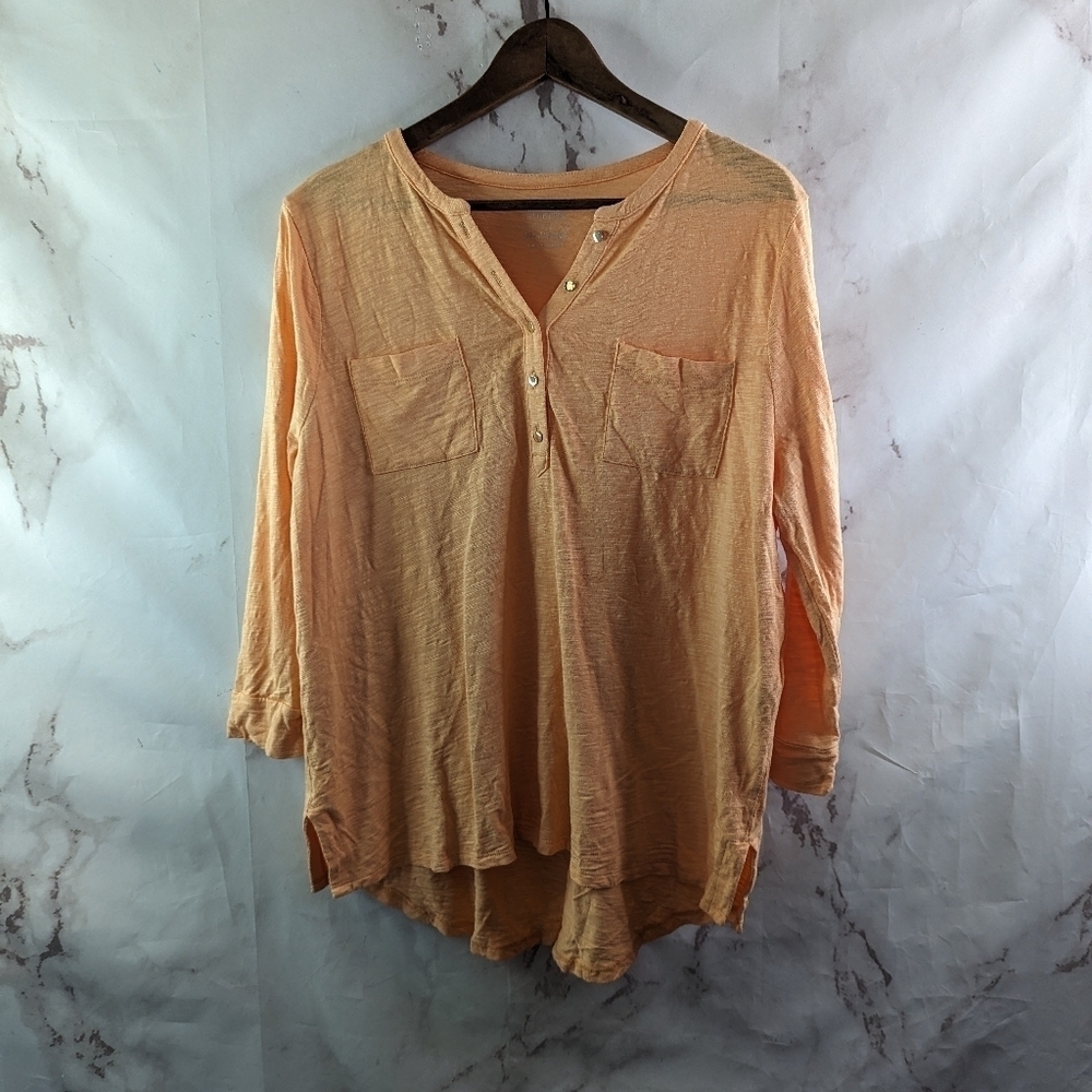 Chicos Shirt Women 2 Large Orange Henley Ultimate Tee Button Quarter Sleeve